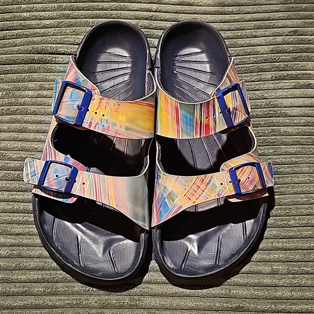 Birkenstock Multicolor Swirl Pattern Arizona Sandals with Blue Buckles - Picture 4 of 9